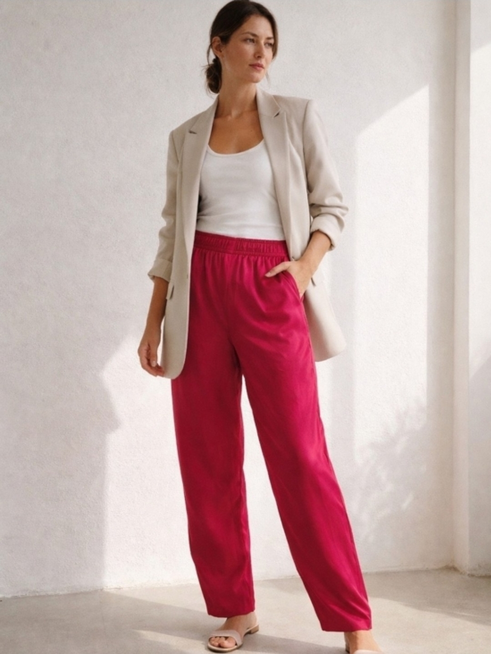Real Clothes Fuchsia Silk Pants Plated Wide Leg Quiet Luxury Bussines Chic